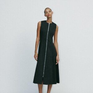 Zara Pinstripe Midi Dress Gray Beige Size Small NWT Sleeveless Front Zip Closure